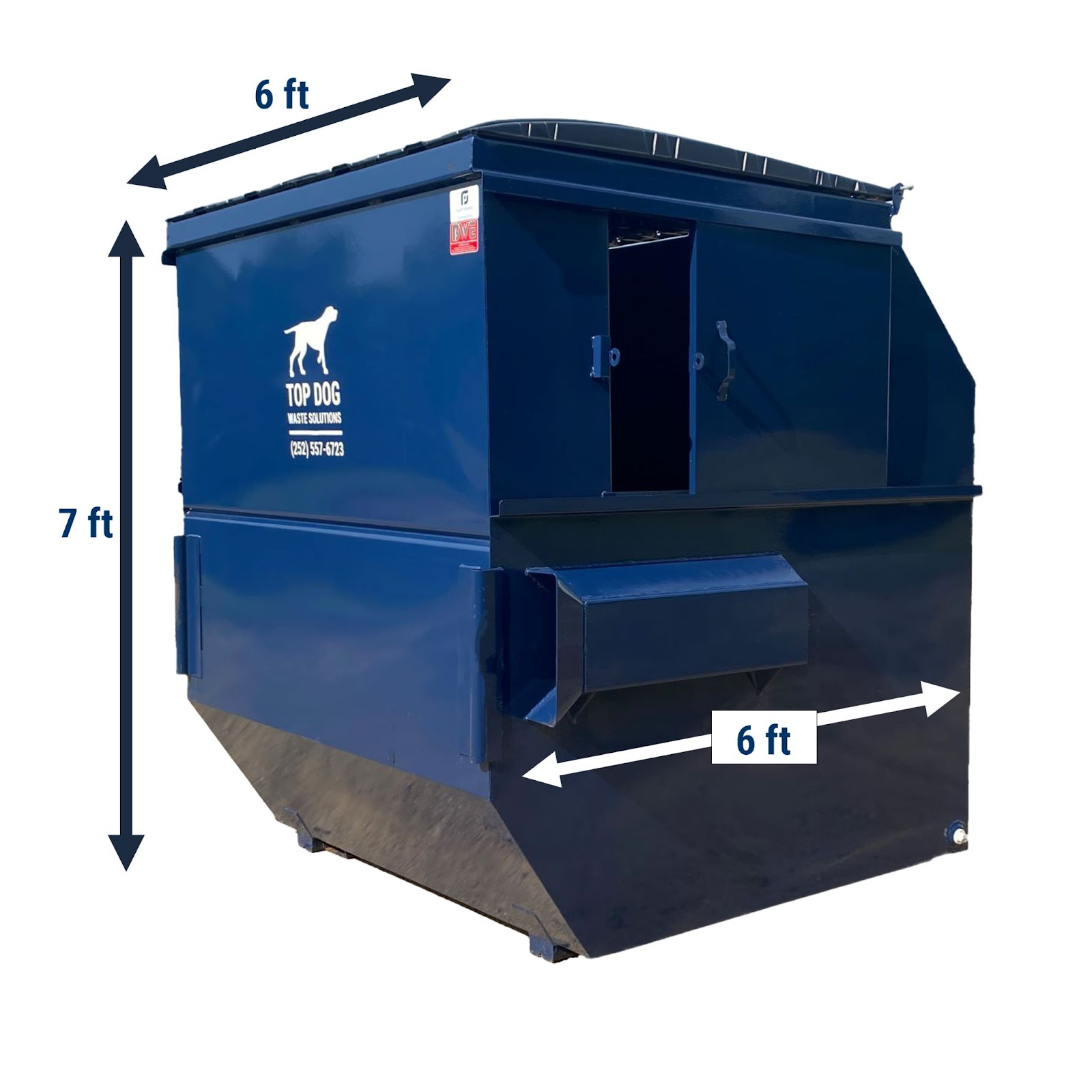 Top Dog Waste Solutions front-load dumpster with visible size measurements for easy reference.